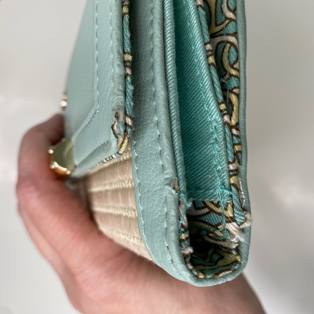 Spartina 449 Seafoam PU & Straw Bamboo Turnlock Tri-Fold Wallet Coastal Chic - Picture 8 of 12